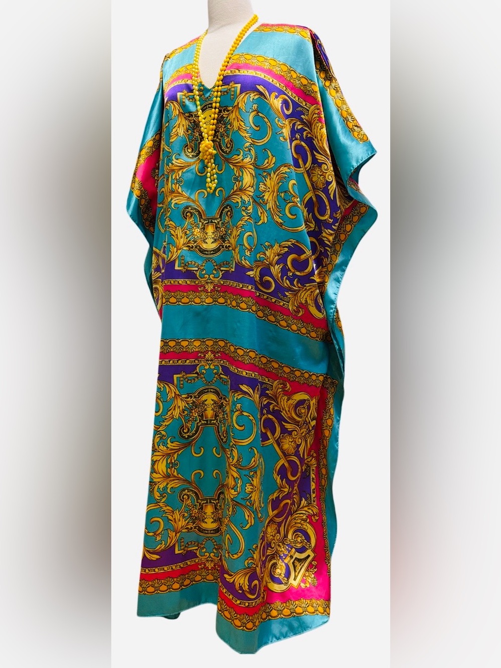 WINLAR -  VINTAGE Resort Turquoise Floral Maxi Kaftan Dress